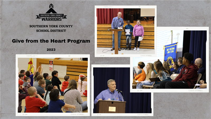 SYC Warriors Logo; SYCSD; Give from the Heart Program 2023; Photos of students/assemblies